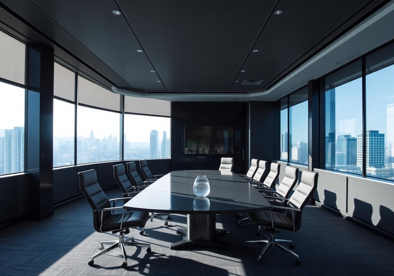 Executive boardroom with city skyline view
